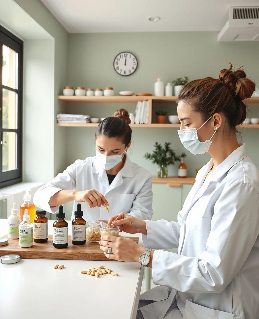 Natural wellness laboratory with scientists formulating premium supplements and skincare products