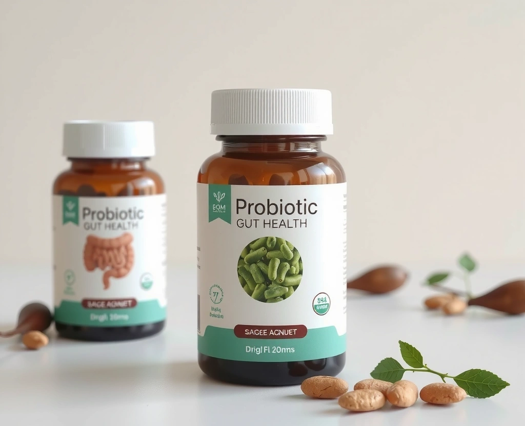 Probiotic Gut Health supplement capsules with beneficial bacteria