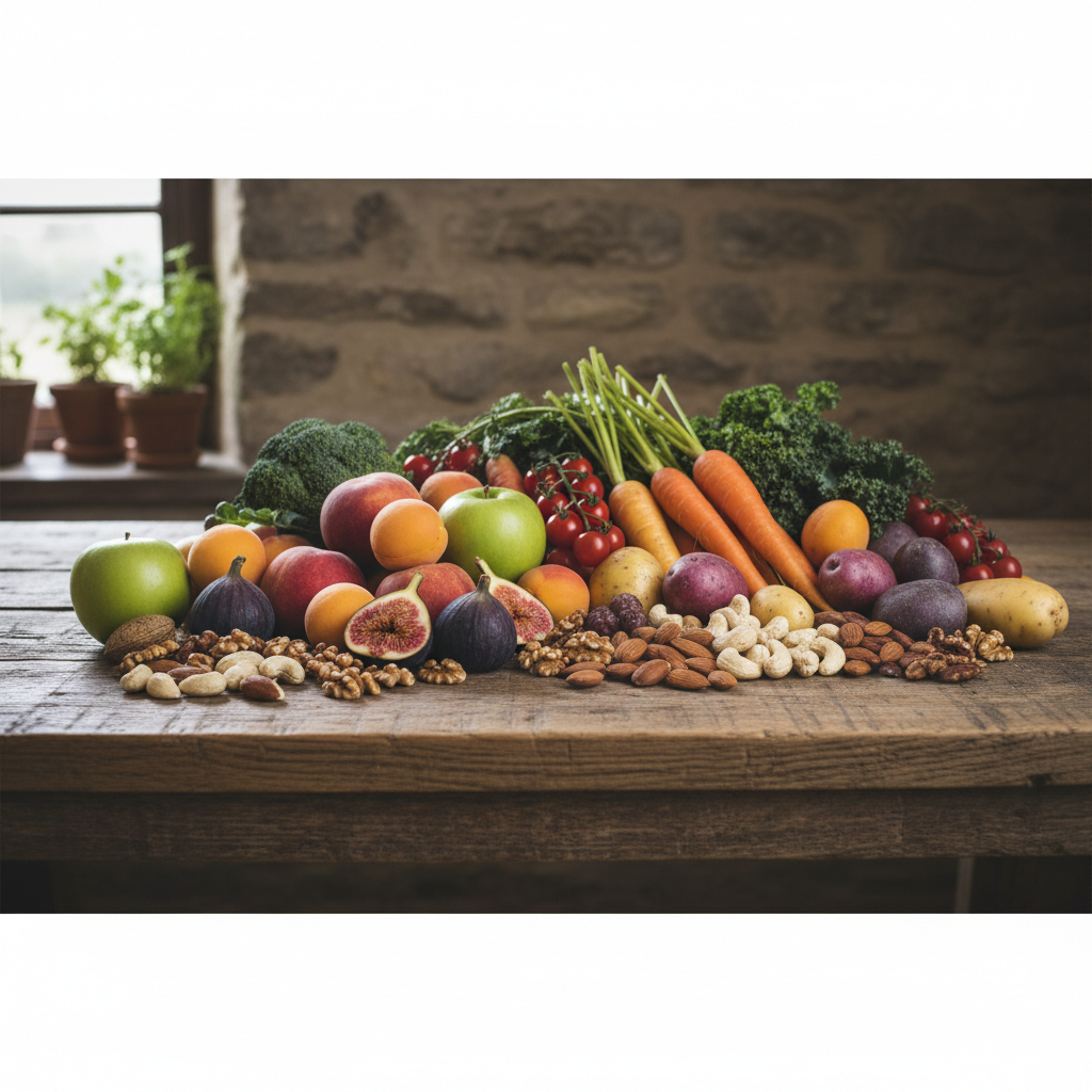 Ett träbord med noggrant arrangerade råvaror – färsk frukt, grönsaker och nötter i neutrala naturliga toner med mjukt ljus