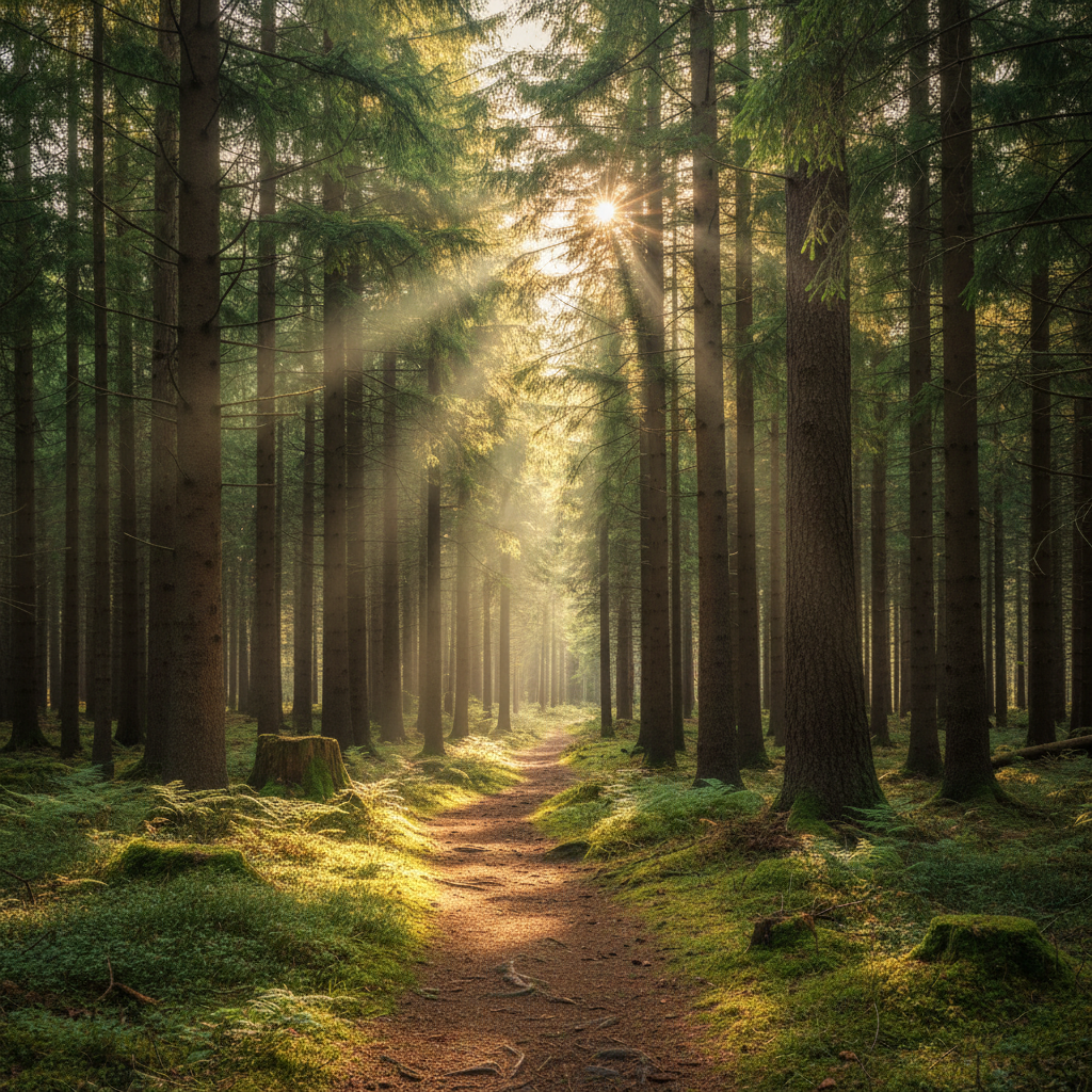 En stig i en tät barrskog med solstrålar som filtreras genom trädkronorna och skapar mönster av ljus och skugga på marken