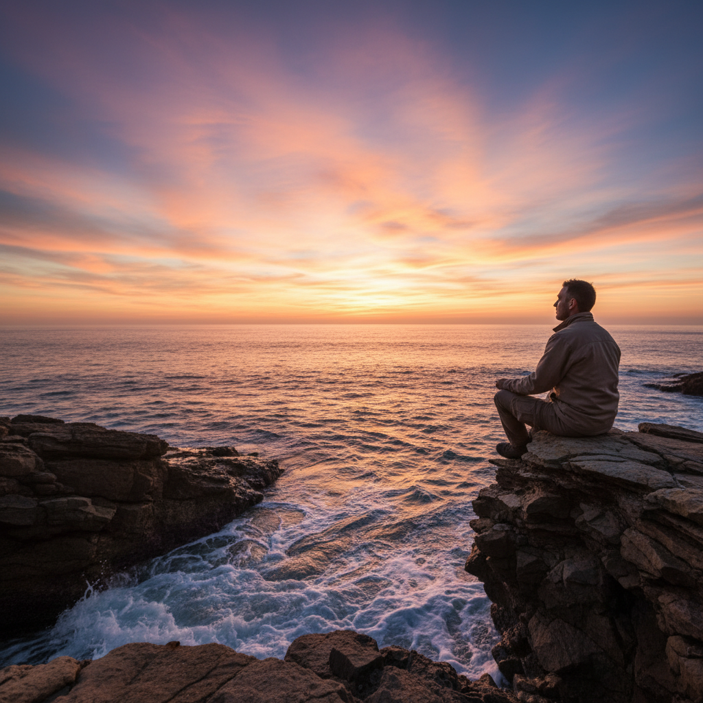 En man sitter stilla på en klippa vid havet i kvällsljus med blicken mot horisonten, omgiven av lugna vågor och ett varmt skymningsljus